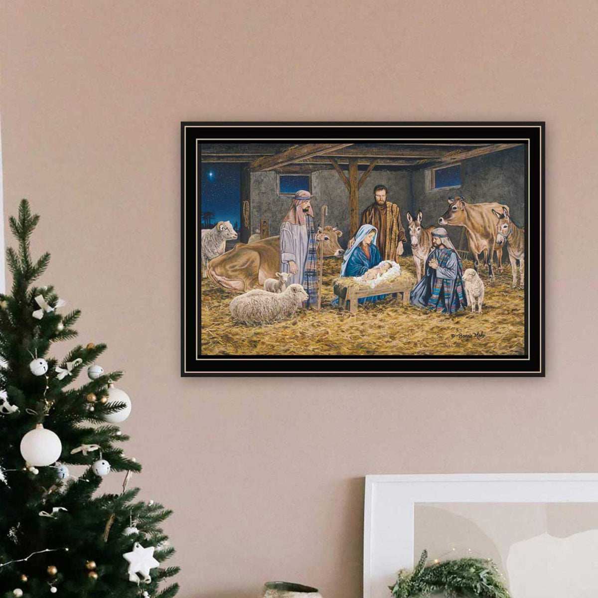 Trendy Decor 4U The Greatest Gift of All - The Birth of Christ Black Framed Wall Art for Living Room, Nativity Wall Art Print for Home Decor, Bedroom Wall Art by Bonnie Mohr