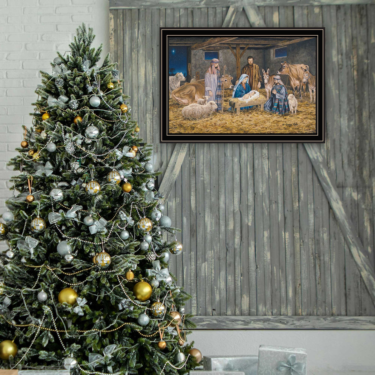 Trendy Decor 4U The Greatest Gift of All - The Birth of Christ Black Framed Wall Art for Living Room, Nativity Wall Art Print for Home Decor, Bedroom Wall Art by Bonnie Mohr
