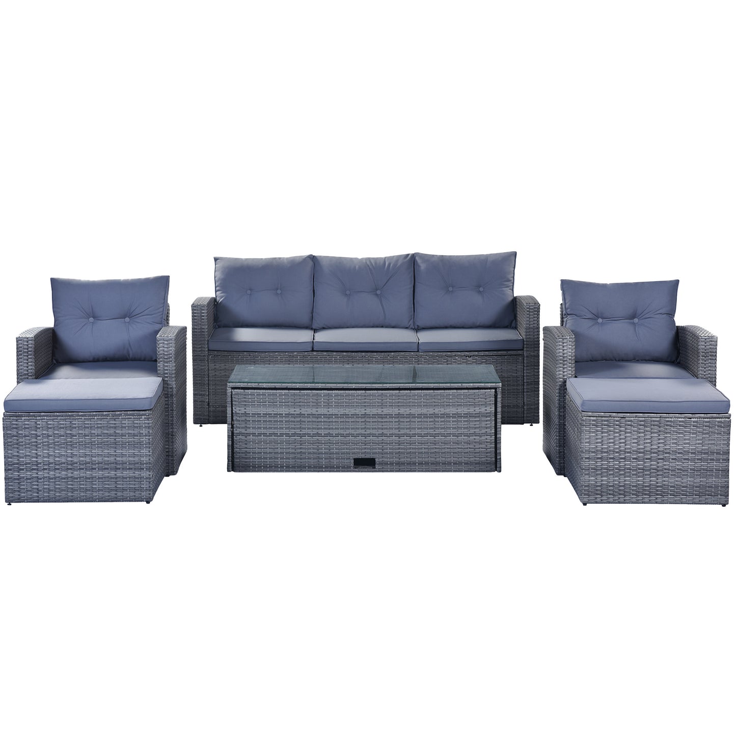 6-piece All-Weather Wicker PE rattan Patio Outdoor Dining Conversation Sectional Set with coffee table, wicker sofas, ottomans, removable cushions (Black wicker, Beige cushion)