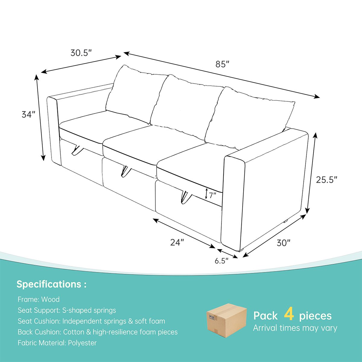 Livelylodge Modular 3-Seat Sofa with Wooden Frame and Pull-Out Bed,  Convertible Sectional Sofa for Living Room, Available in Black, White, and Gray 85" L x 30.5" W x 34" H.