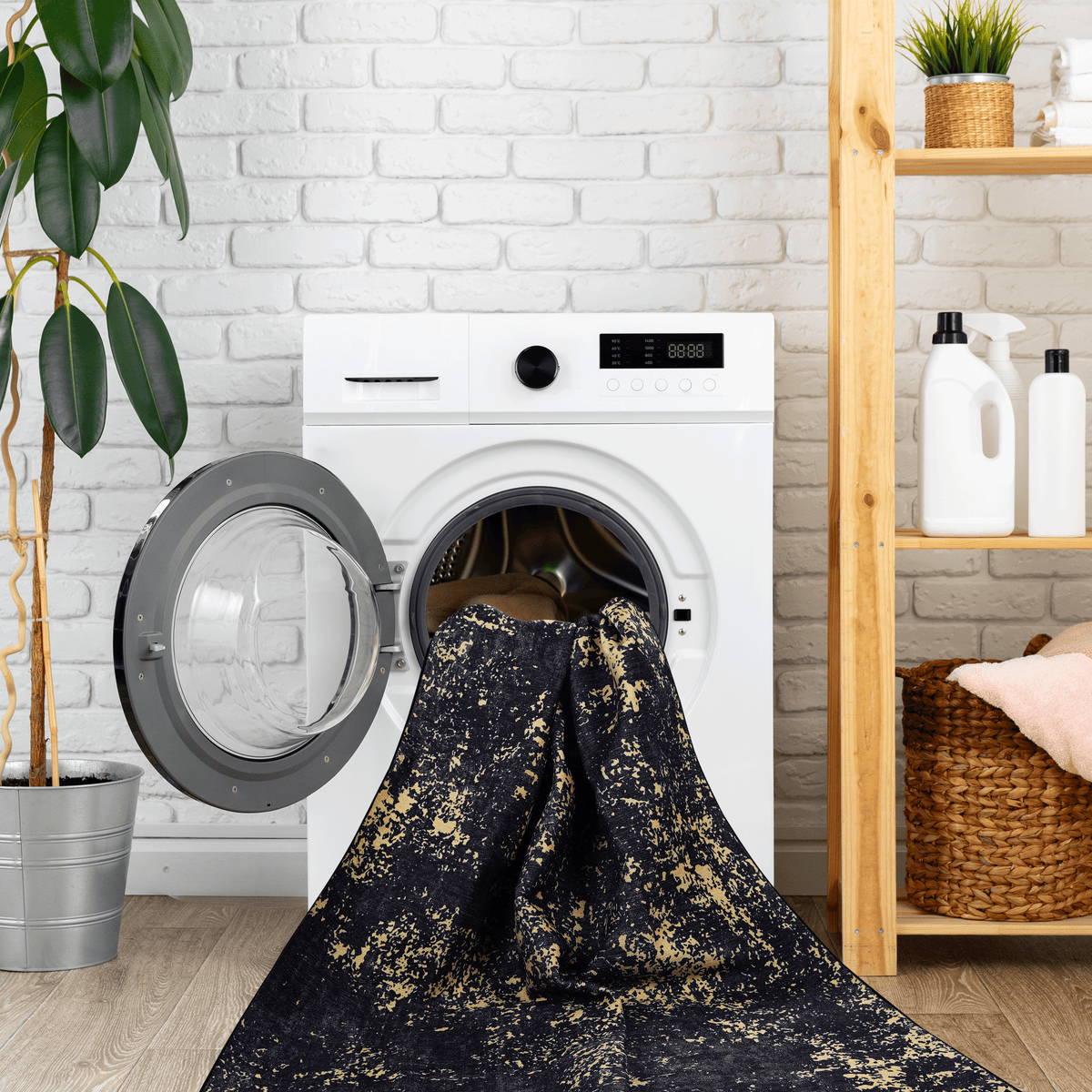 5x8 Area Rug for Bedroom, Washable Rug, Low-Pile, Non-Slip, Non-Shedding, Foldable, Kid&Pet Friendly - Area Rugs for living room, bedroom, kitchen, dining room, Wedding Gift, (Black+Gold, 5'x8')