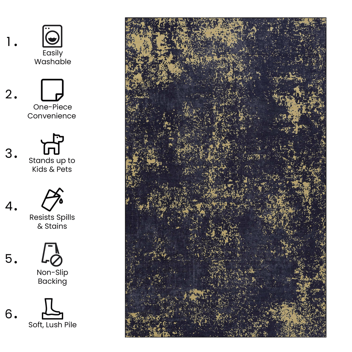 5x8 Area Rug for Bedroom, Washable Rug, Low-Pile, Non-Slip, Non-Shedding, Foldable, Kid&Pet Friendly - Area Rugs for living room, bedroom, kitchen, dining room, Wedding Gift, (Black+Gold, 5'x8')