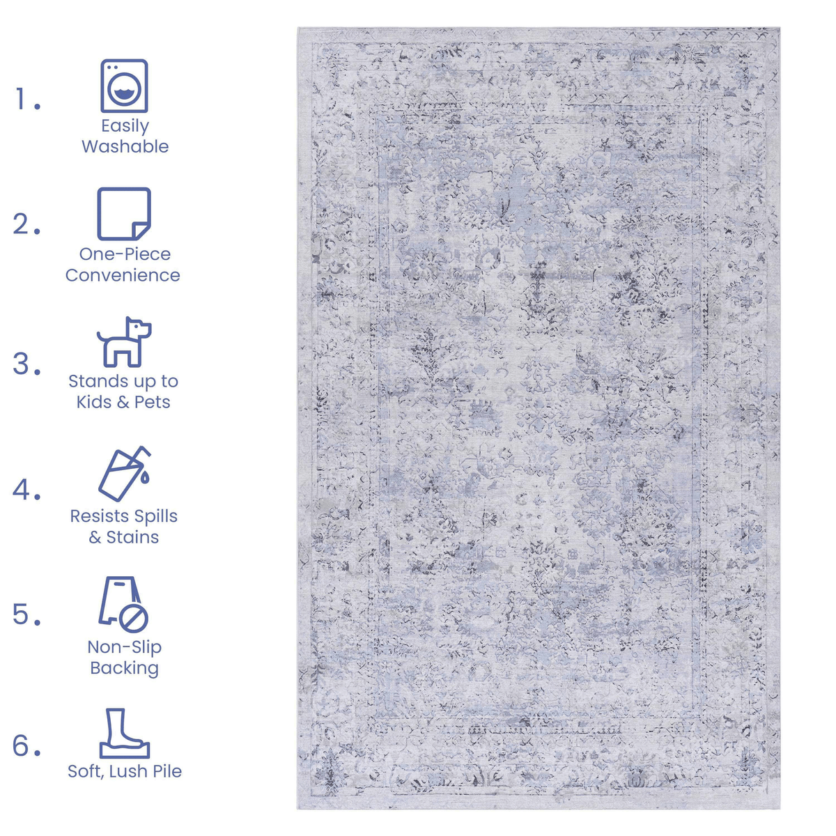 Area Rug 6x9, Washable Rug, Low-Pile, Non-Slip, Non-Shedding, Foldable, Kid & Pet Friendly - Area Rugs for living room, bedroom, kitchen, dining room rug - Perfect Gifts, (Blue+Cream, 6' x 9')