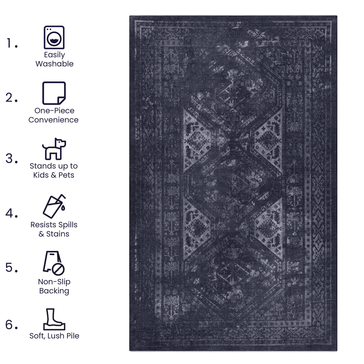 Area Rug 5x8, Washable Rug, Low-Pile, Non-Slip, Non-Shedding, Foldable, Kid & Pet Friendly - Area Rugs for living room, bedroom, kitchen, dining room rug - Perfect Gifts, (Black+ Gray, 5' x 8')