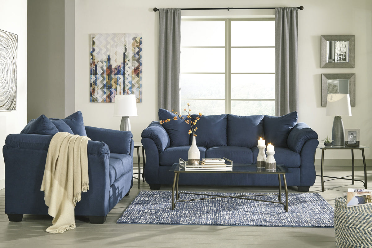 Aruca Navy Blue Microfiber Pillow Back 2-Piece Living Room Set, Sofa and Loveseat, Navy Blue