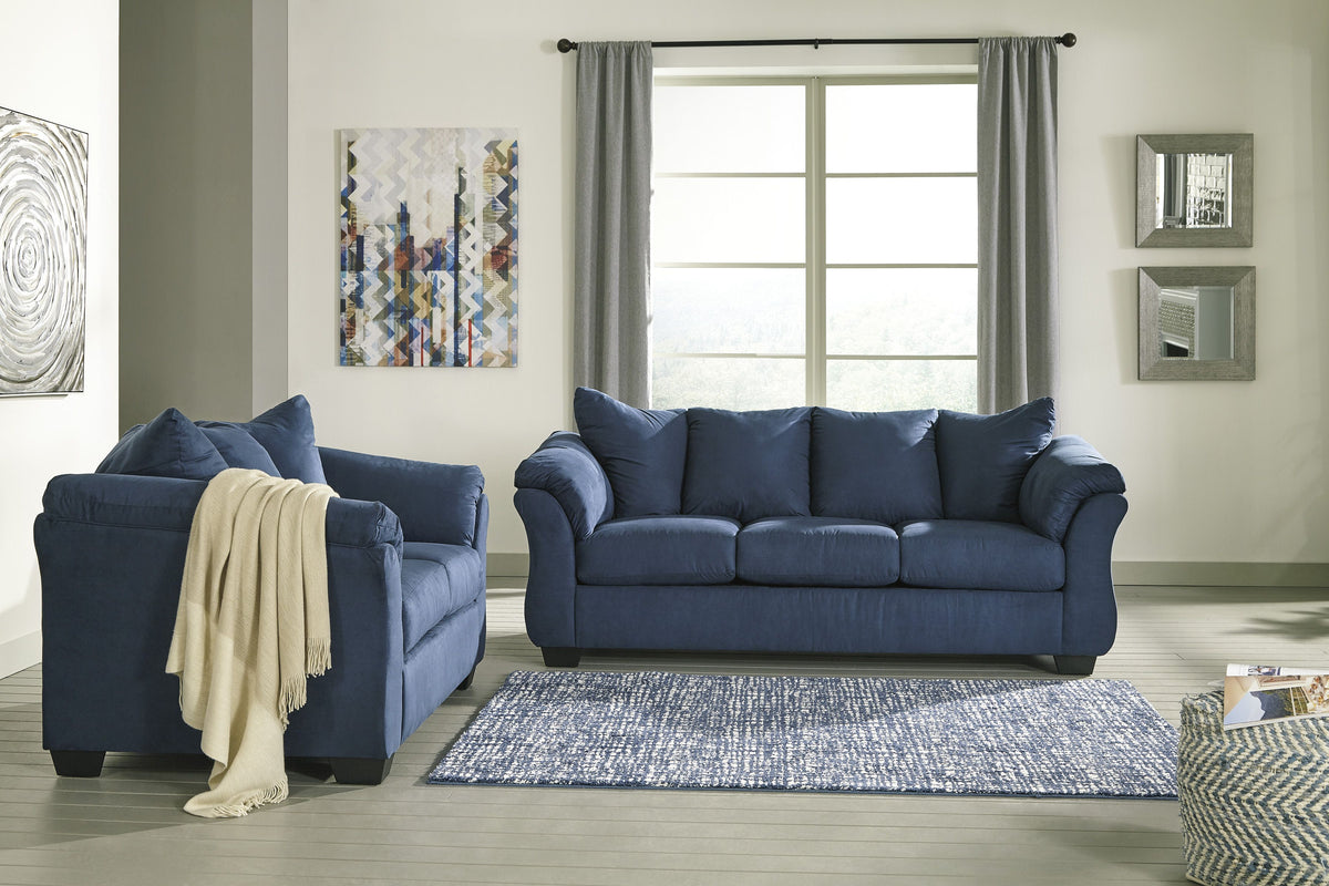 Aruca Navy Blue Microfiber Pillow Back 2-Piece Living Room Set, Sofa and Loveseat, Navy Blue