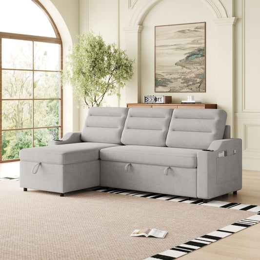 MH83.5" Convertible Sleeper Combo Sofa, Convertible Sofa Bed Polyester Pullout Bed with Storage Recliner and Cup Holder for Living Room, Tight Spaces