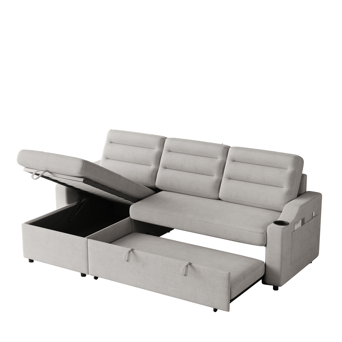MH83.5" Convertible Sleeper Combo Sofa, Convertible Sofa Bed Polyester Pullout Bed with Storage Recliner and Cup Holder for Living Room, Tight Spaces