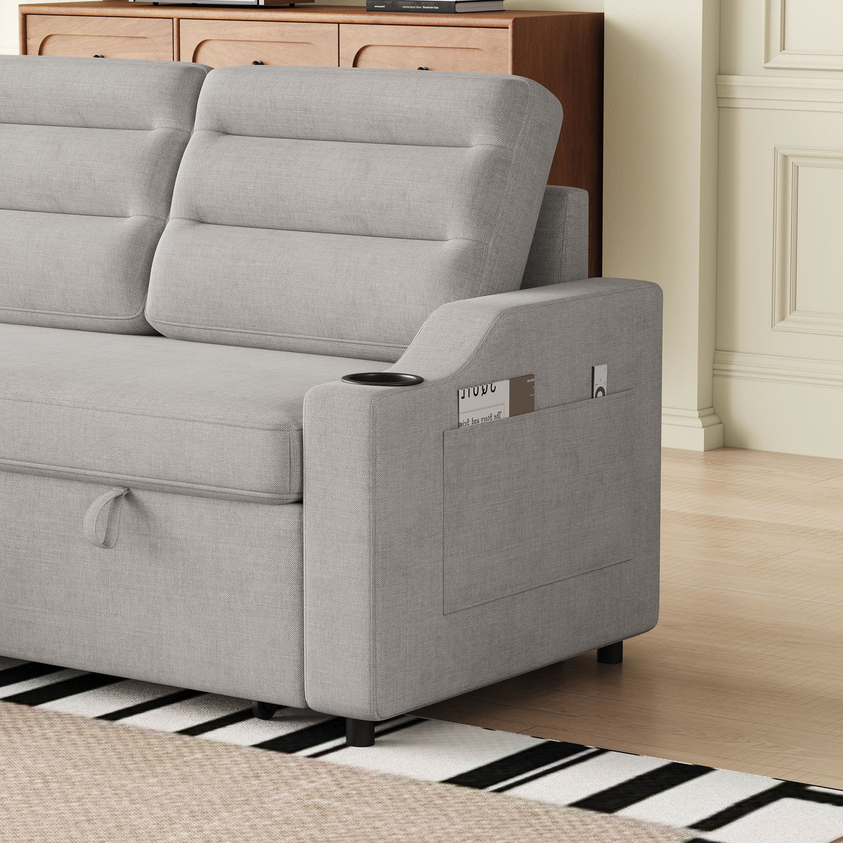 MH83.5" Convertible Sleeper Combo Sofa, Convertible Sofa Bed Polyester Pullout Bed with Storage Recliner and Cup Holder for Living Room, Tight Spaces