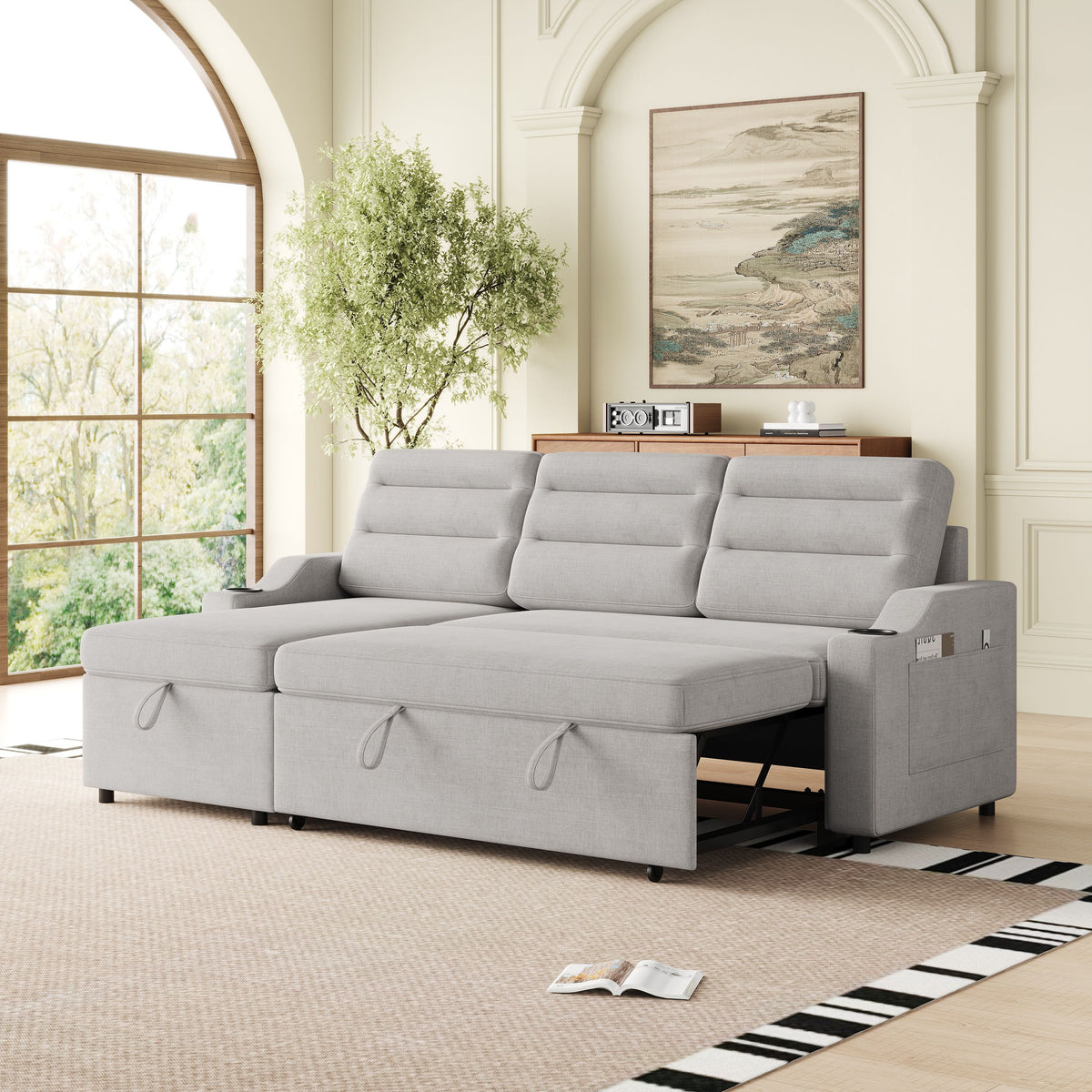 MH83.5" Convertible Sleeper Combo Sofa, Convertible Sofa Bed Polyester Pullout Bed with Storage Recliner and Cup Holder for Living Room, Tight Spaces