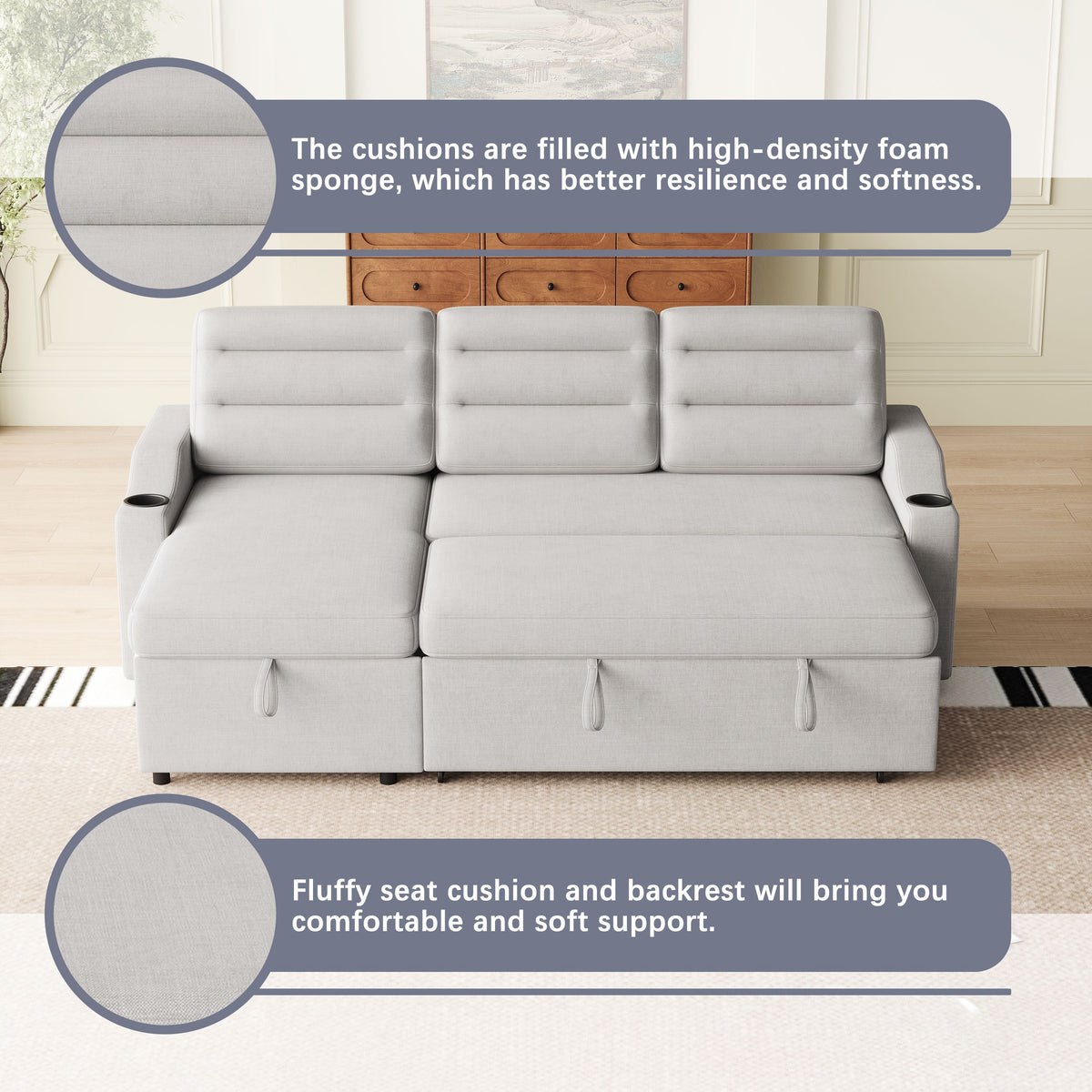 MH83.5" Convertible Sleeper Combo Sofa, Convertible Sofa Bed Polyester Pullout Bed with Storage Recliner and Cup Holder for Living Room, Tight Spaces