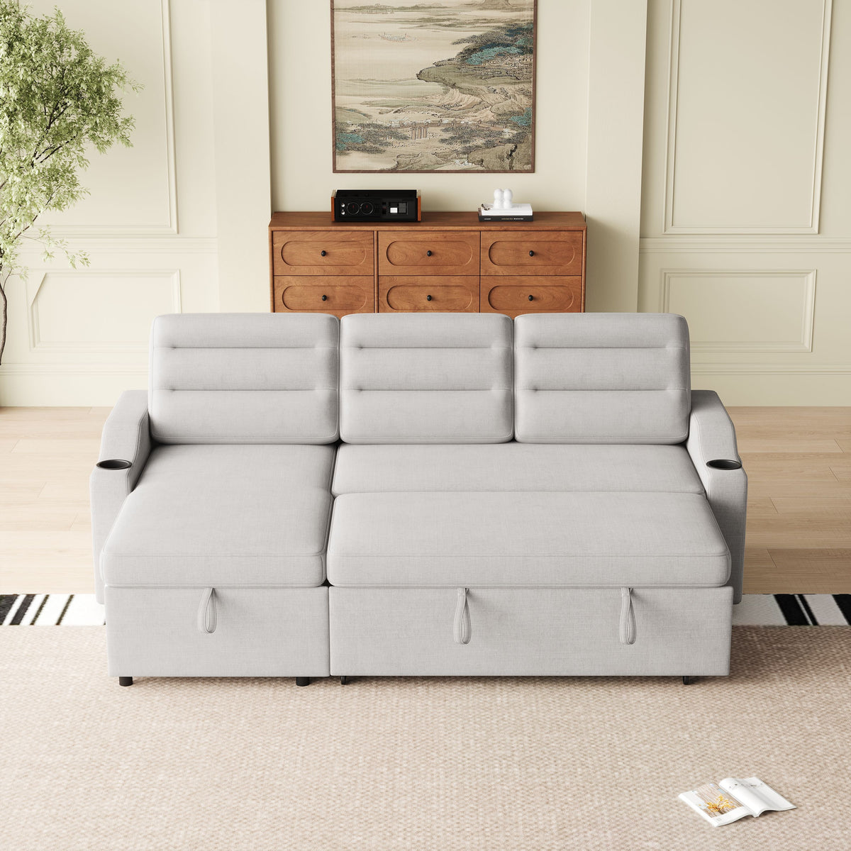 MH83.5" Convertible Sleeper Combo Sofa, Convertible Sofa Bed Polyester Pullout Bed with Storage Recliner and Cup Holder for Living Room, Tight Spaces