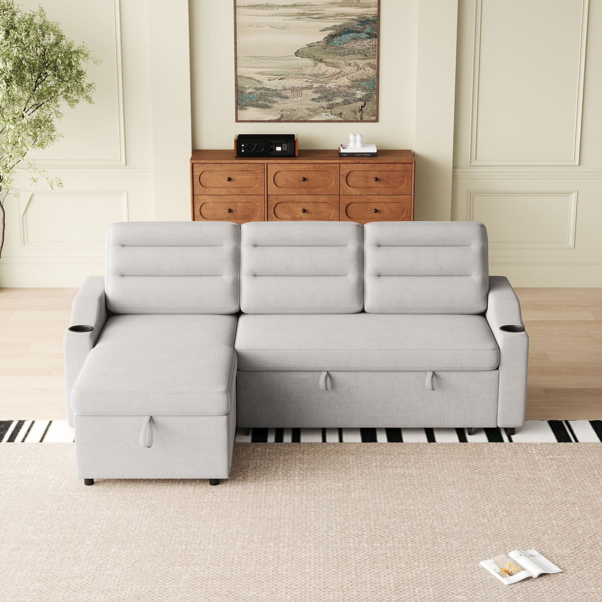 MH83.5" Convertible Sleeper Combo Sofa, Convertible Sofa Bed Polyester Pullout Bed with Storage Recliner and Cup Holder for Living Room, Tight Spaces