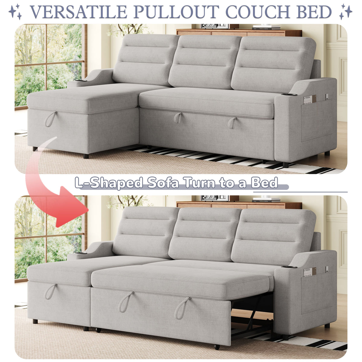 MH83.5" Convertible Sleeper Combo Sofa, Convertible Sofa Bed Polyester Pullout Bed with Storage Recliner and Cup Holder for Living Room, Tight Spaces