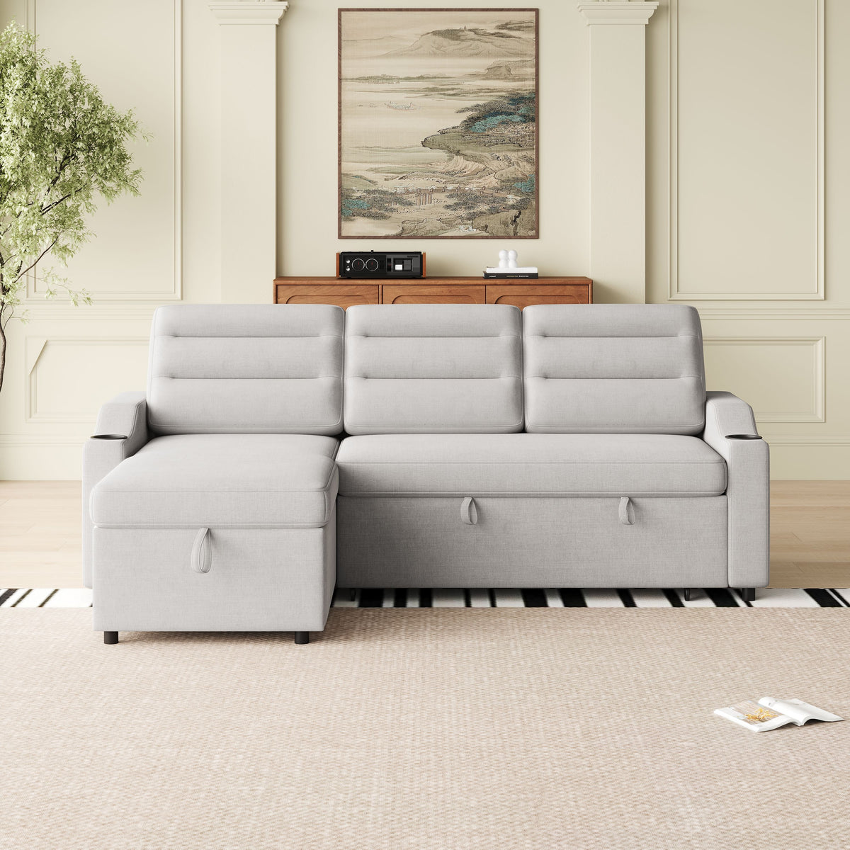 MH83.5" Convertible Sleeper Combo Sofa, Convertible Sofa Bed Polyester Pullout Bed with Storage Recliner and Cup Holder for Living Room, Tight Spaces