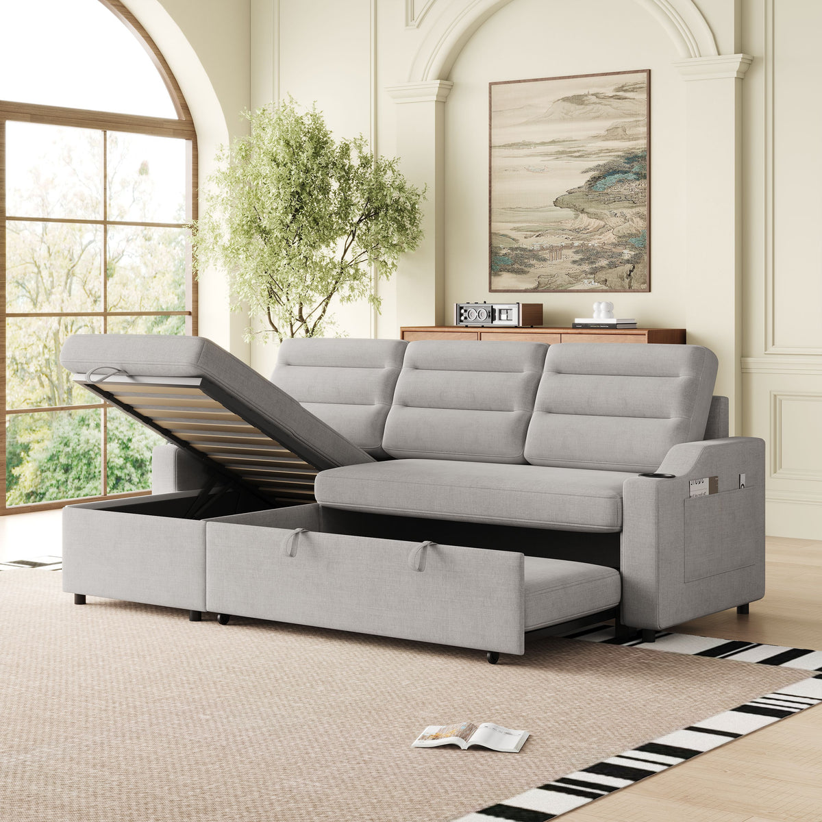 MH83.5" Convertible Sleeper Combo Sofa, Convertible Sofa Bed Polyester Pullout Bed with Storage Recliner and Cup Holder for Living Room, Tight Spaces