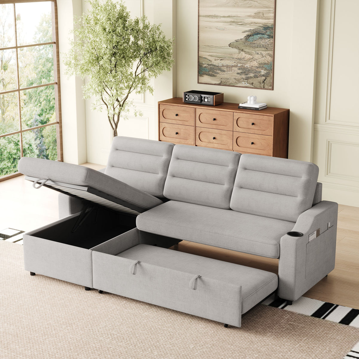 MH83.5" Convertible Sleeper Combo Sofa, Convertible Sofa Bed Polyester Pullout Bed with Storage Recliner and Cup Holder for Living Room, Tight Spaces