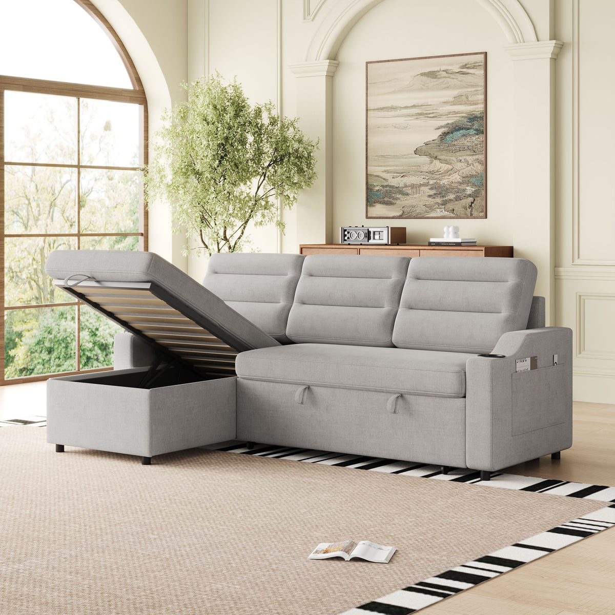 MH83.5" Convertible Sleeper Combo Sofa, Convertible Sofa Bed Polyester Pullout Bed with Storage Recliner and Cup Holder for Living Room, Tight Spaces