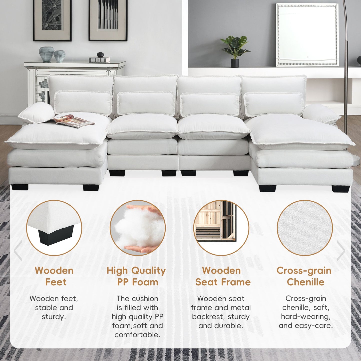 [VIDEO provided][New]109.8*55.9" Modern U-shaped Sectional Sofa with Waist Pillows,6-seat Upholstered Symmetrical Sofa Furniture,Sleeper Sofa Couch with Chaise Lounge for Living Room,Apartment,5 Color