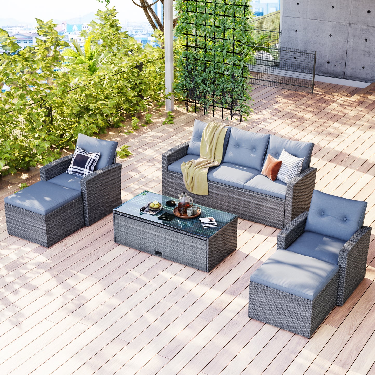 GO 6-piece All-Weather Wicker PE rattan Patio Outdoor Dining Conversation Sectional Set with coffee table, wicker sofas, ottomans, removable cushions (Dark grey wicker, Light grey cushion)