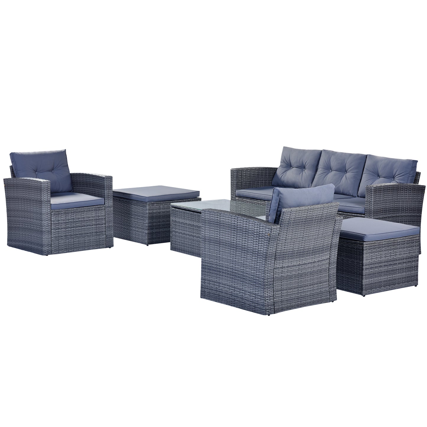 GO 6-piece All-Weather Wicker PE rattan Patio Outdoor Dining Conversation Sectional Set with coffee table, wicker sofas, ottomans, removable cushions (Dark grey wicker, Light grey cushion)