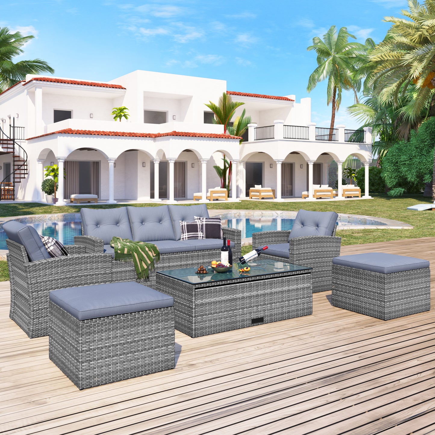 GO 6-piece All-Weather Wicker PE rattan Patio Outdoor Dining Conversation Sectional Set with coffee table, wicker sofas, ottomans, removable cushions (Dark grey wicker, Light grey cushion)