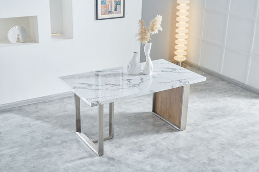 Elegant Luxurious Imitation Marble MDF Dinning Table for 6 or 8, Rectangular 63"L*35.4"W*29.8"H, Walnut+Stainless Steel Legs Modern, Durable, Easy to Assemble for Kitchen/Living Room/Meeting, White