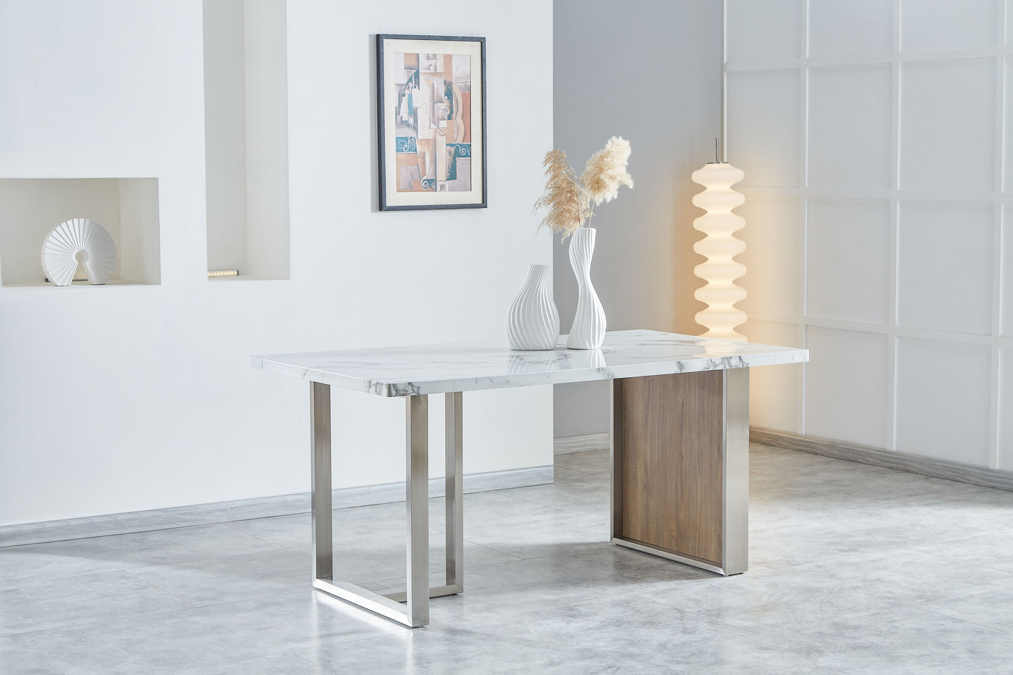 Elegant Luxurious Imitation Marble MDF Dinning Table for 6 or 8, Rectangular 63"L*35.4"W*29.8"H, Walnut+Stainless Steel Legs Modern, Durable, Easy to Assemble for Kitchen/Living Room/Meeting, White