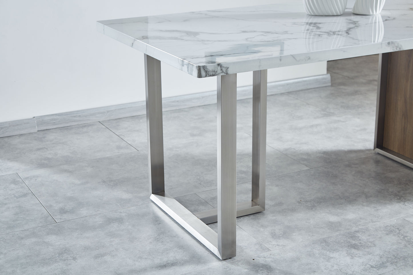 Elegant Luxurious Imitation Marble MDF Dinning Table for 6 or 8, Rectangular 63"L*35.4"W*29.8"H, Walnut+Stainless Steel Legs Modern, Durable, Easy to Assemble for Kitchen/Living Room/Meeting, White