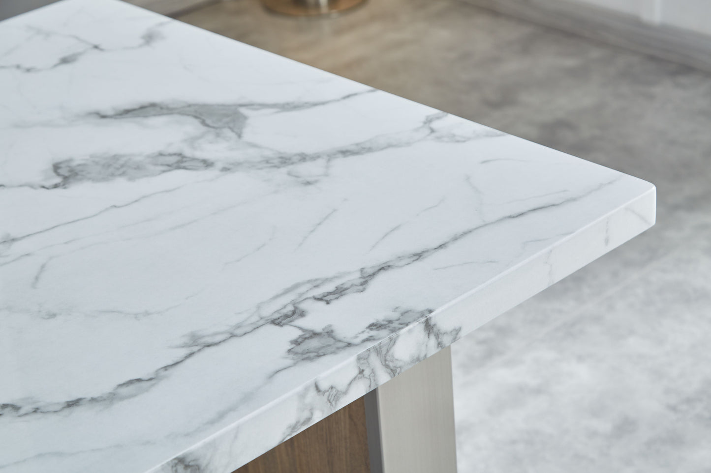 Elegant Luxurious Imitation Marble MDF Dinning Table for 6 or 8, Rectangular 63"L*35.4"W*29.8"H, Walnut+Stainless Steel Legs Modern, Durable, Easy to Assemble for Kitchen/Living Room/Meeting, White