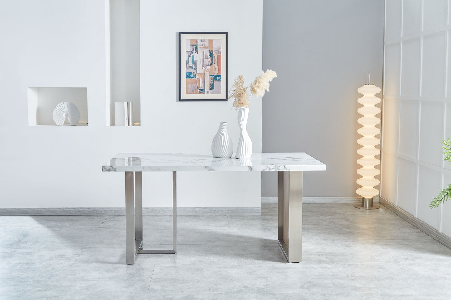 Elegant Luxurious Imitation Marble MDF Dinning Table for 6 or 8, Rectangular 63"L*35.4"W*29.8"H, Walnut+Stainless Steel Legs Modern, Durable, Easy to Assemble for Kitchen/Living Room/Meeting, White