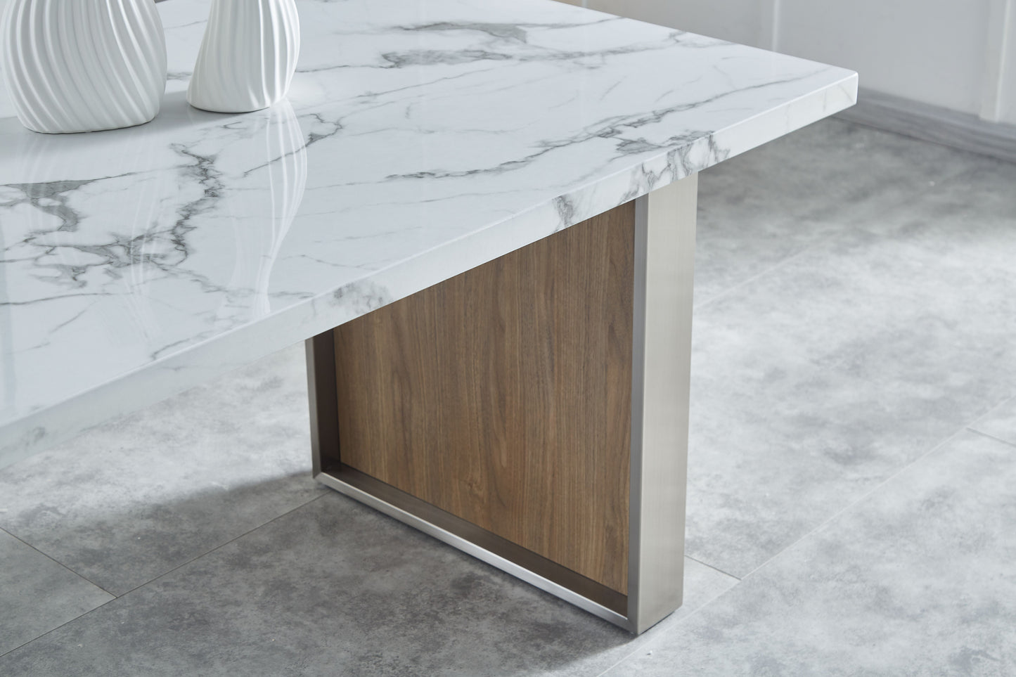 Elegant Luxurious Imitation Marble MDF Dinning Table for 6 or 8, Rectangular 63"L*35.4"W*29.8"H, Walnut+Stainless Steel Legs Modern, Durable, Easy to Assemble for Kitchen/Living Room/Meeting, White