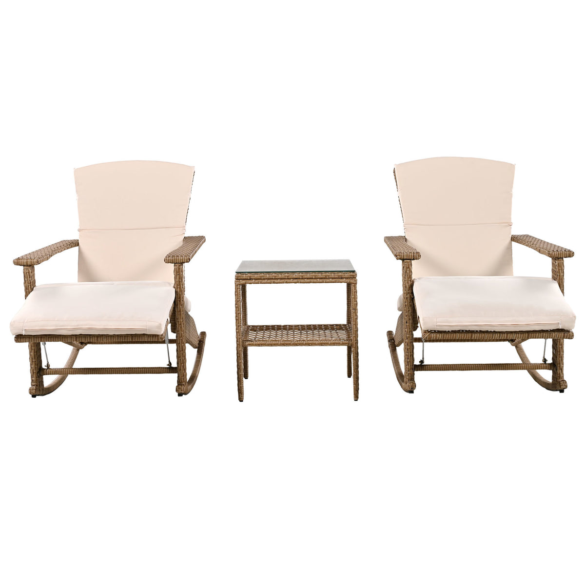 U_Style Adjustable Outdoor Wicker Double Rocking Chair with Coffee Table, Suitable for Backyard, Garden, Poolside.