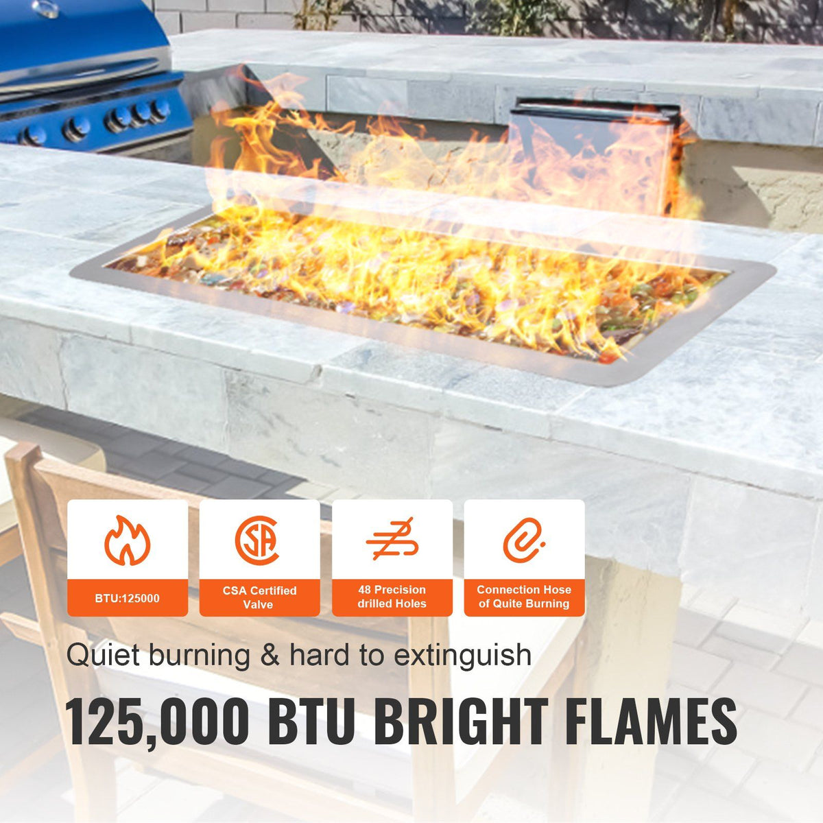 VEVOR 30 x 10 inch Drop-in Fire Pit Pan, Rectangular Stainless Steel Fire Pit Burner Kit, Natural & Propane Gas Fire Pan 125,000 BTU with H-Burner for Indoor or Outdoor Use