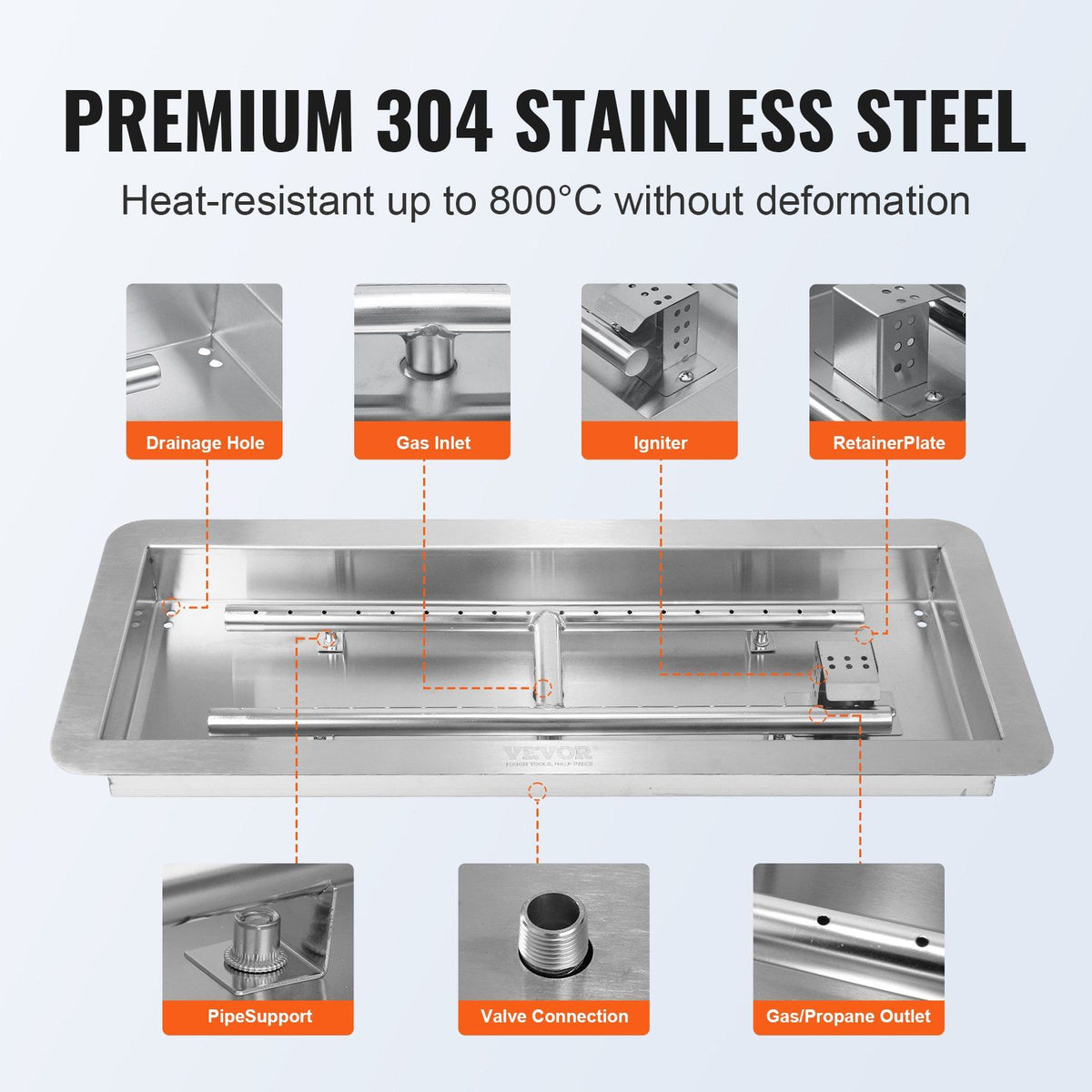 VEVOR 30 x 10 inch Drop-in Fire Pit Pan, Rectangular Stainless Steel Fire Pit Burner Kit, Natural & Propane Gas Fire Pan 125,000 BTU with H-Burner for Indoor or Outdoor Use