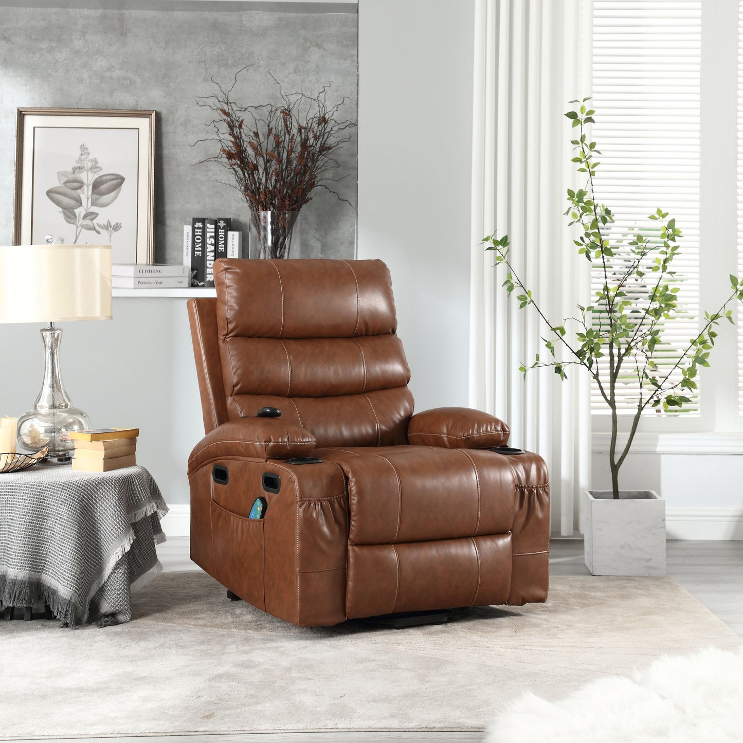 21"seat width,large size Electric Power Lift Recliner Chair Sofa for Elderly, 8 point vibration Massage and lumber heat, Remote Control, Side Pockets and Cup Holders, cozy fabric, overstuffed arm pvc