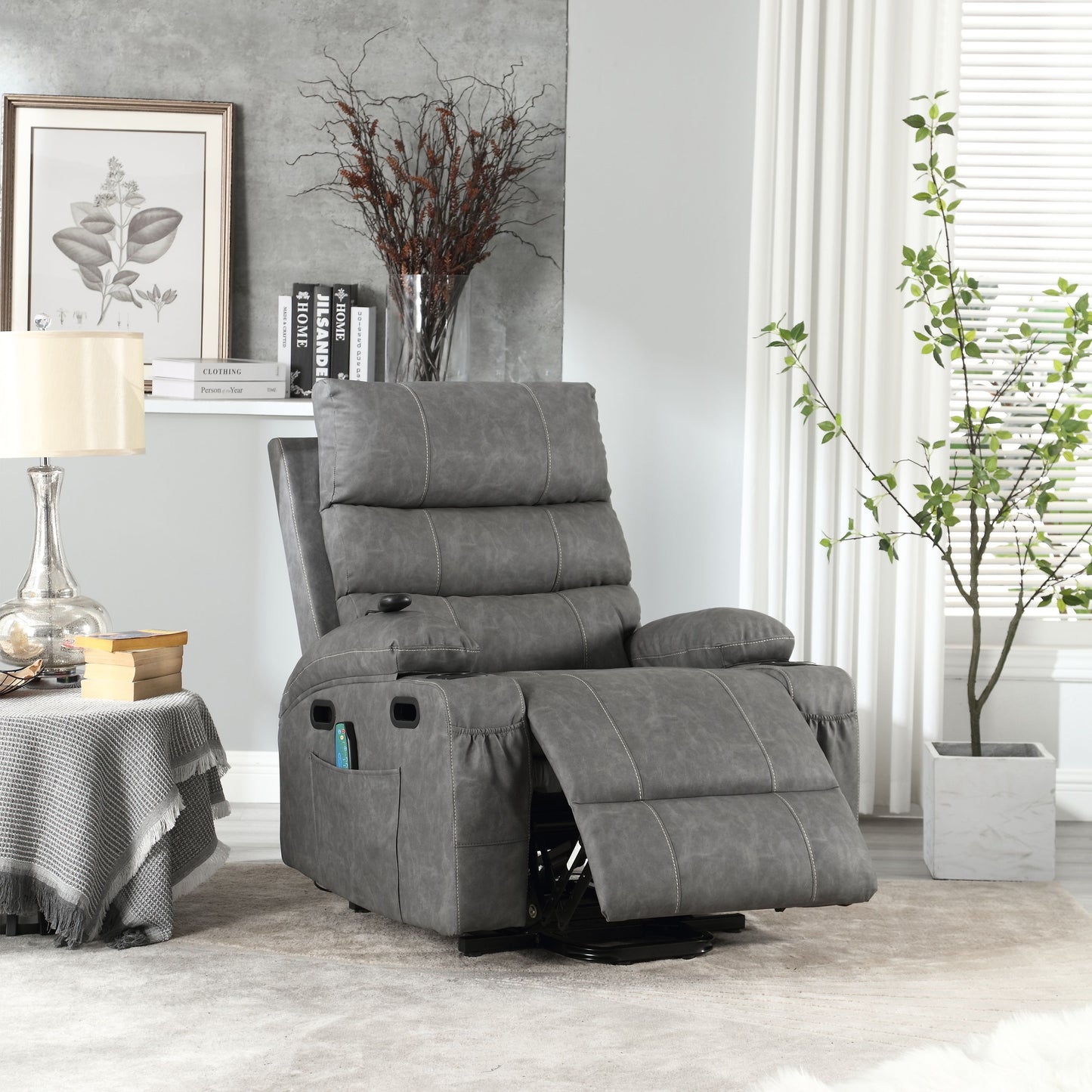 21"seat width,large size Electric Power Lift Recliner Chair Sofa for Elderly, 8 point vibration Massage and lumber heat, Remote Control, Side Pockets and Cup Holders, cozy fabric, overstuffed arm pvc