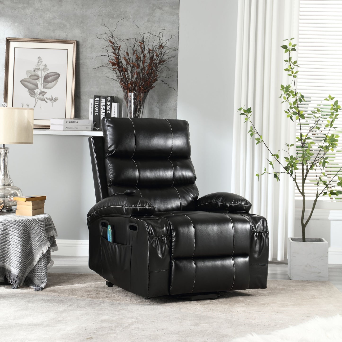 21"seat width,large size Electric Power Lift Recliner Chair Sofa for Elderly, 8 point vibration Massage and lumber heat, Remote Control, Side Pockets and Cup Holders, cozy fabric, overstuffed arm pvc