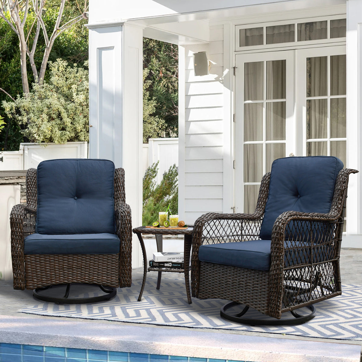 Outdoor Bistro Set 3 Pieces;  Outdoor Resin Wicker Swivel Rocker Patio Chair;  360-Degree Swivel Rocking Chairs and Tempered Glass Top Side Coffee Table;  Outdoor Rattan Conversation Sets