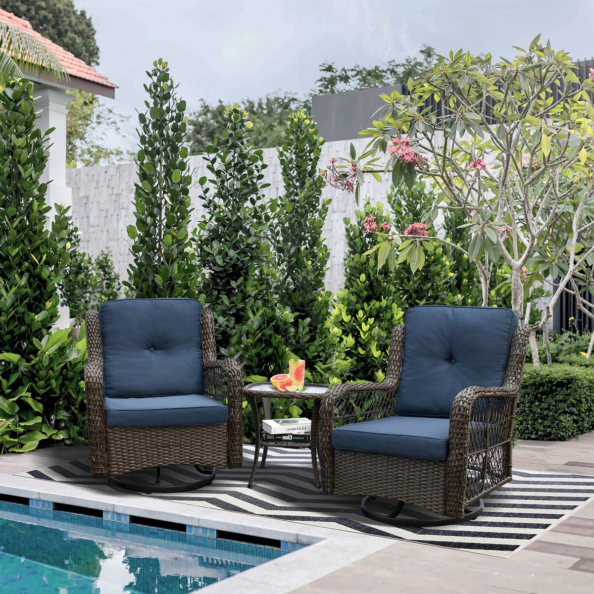 Outdoor Bistro Set 3 Pieces;  Outdoor Resin Wicker Swivel Rocker Patio Chair;  360-Degree Swivel Rocking Chairs and Tempered Glass Top Side Coffee Table;  Outdoor Rattan Conversation Sets