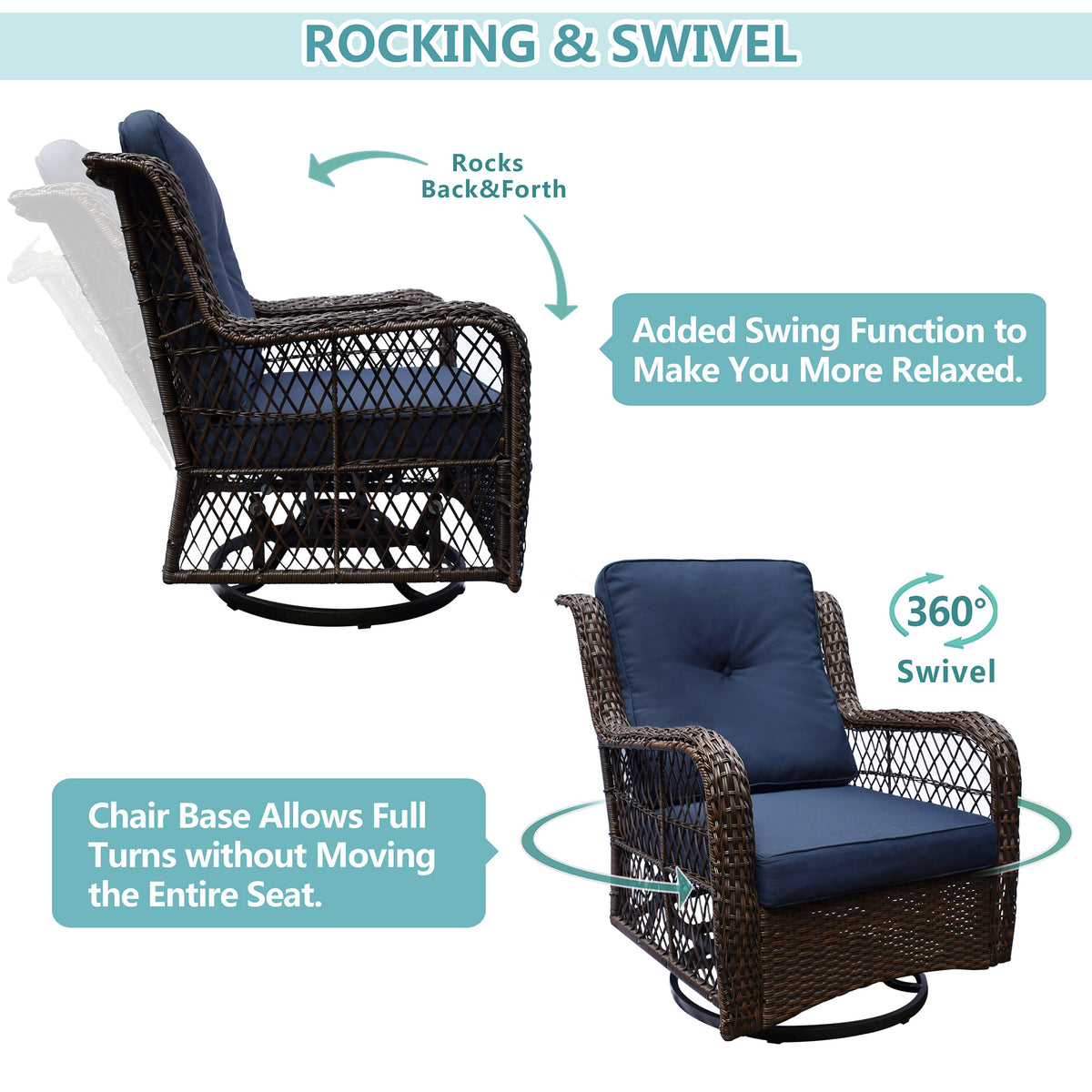 Outdoor Bistro Set 3 Pieces;  Outdoor Resin Wicker Swivel Rocker Patio Chair;  360-Degree Swivel Rocking Chairs and Tempered Glass Top Side Coffee Table;  Outdoor Rattan Conversation Sets