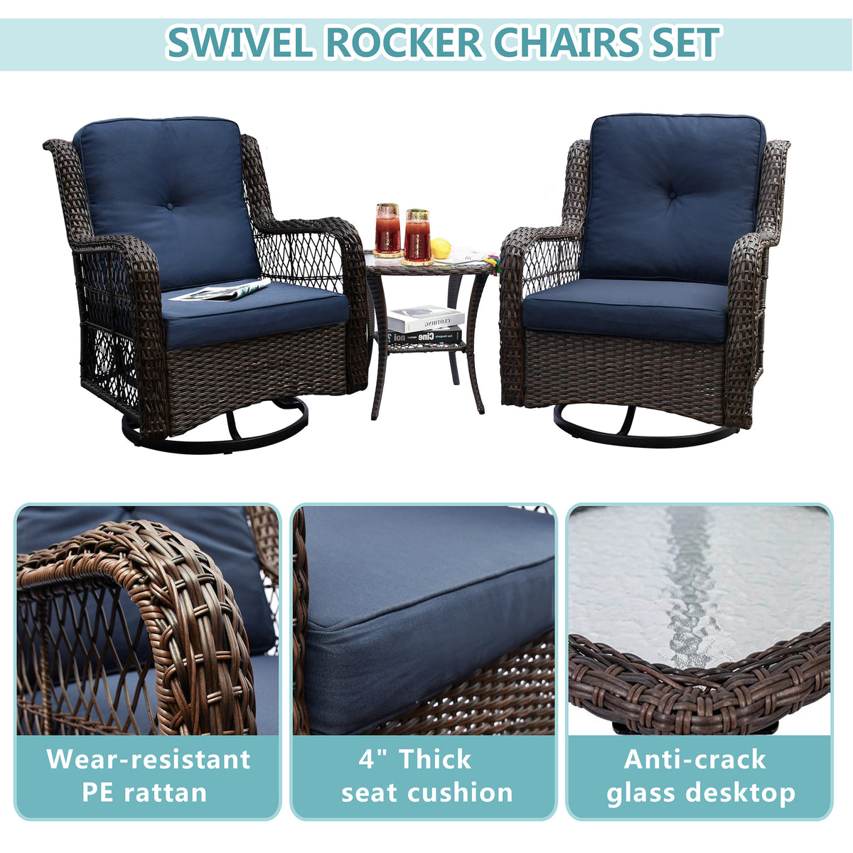 Outdoor Bistro Set 3 Pieces;  Outdoor Resin Wicker Swivel Rocker Patio Chair;  360-Degree Swivel Rocking Chairs and Tempered Glass Top Side Coffee Table;  Outdoor Rattan Conversation Sets