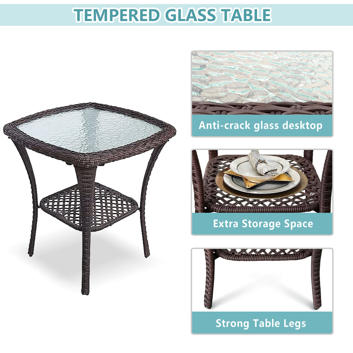 Outdoor Bistro Set 3 Pieces;  Outdoor Resin Wicker Swivel Rocker Patio Chair;  360-Degree Swivel Rocking Chairs and Tempered Glass Top Side Coffee Table;  Outdoor Rattan Conversation Sets