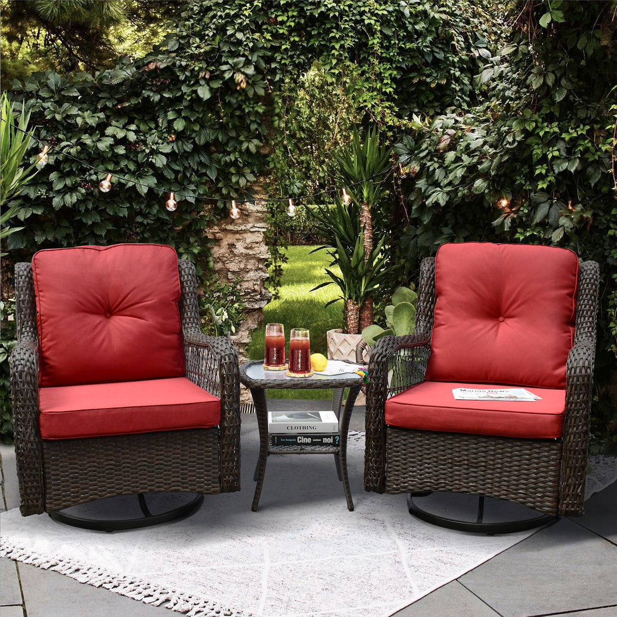 Outdoor Bistro Set 3 Pieces;  Outdoor Resin Wicker Swivel Rocker Patio Chair;  360-Degree Swivel Rocking Chairs and Tempered Glass Top Side Coffee Table;  Outdoor Rattan Conversation Sets