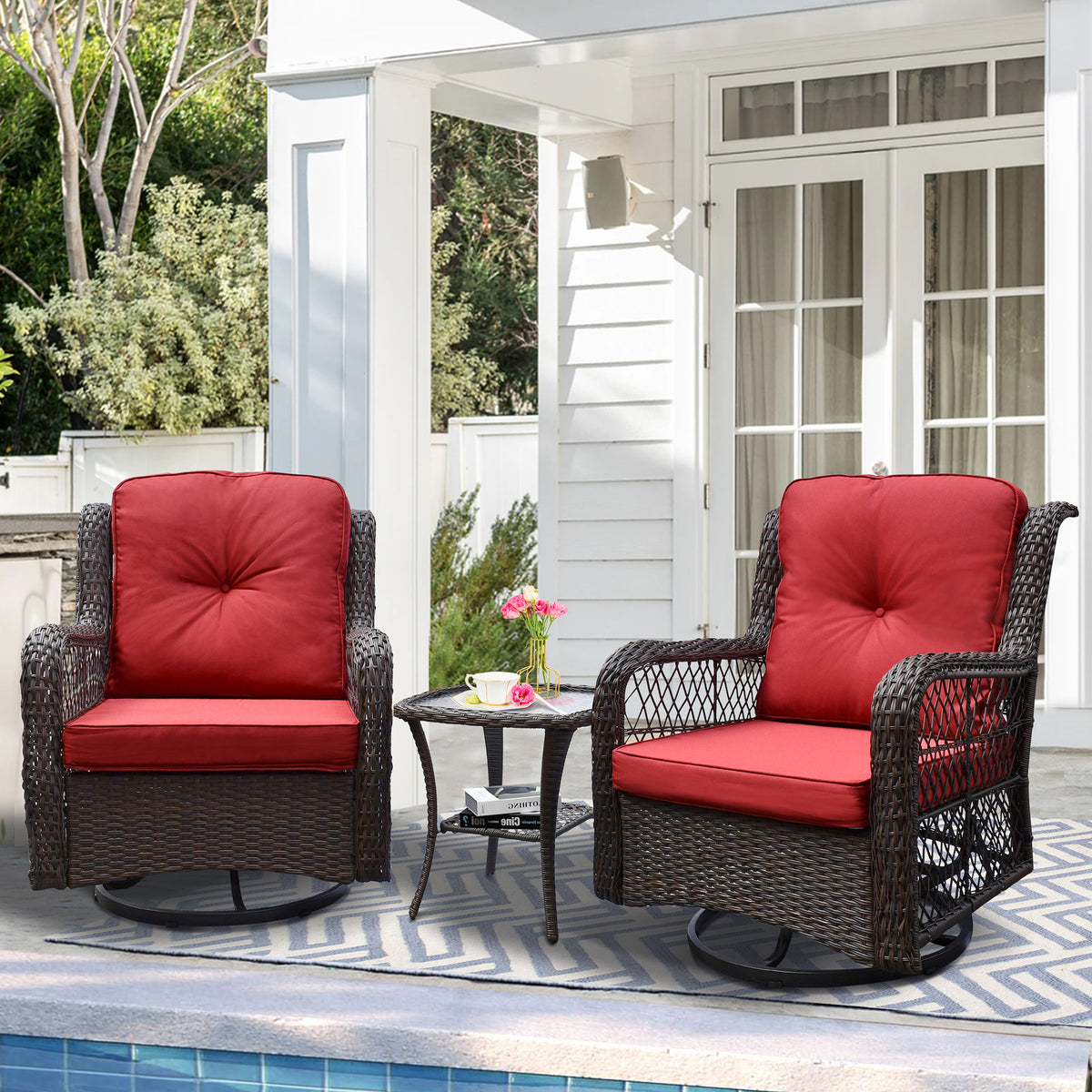 Outdoor Bistro Set 3 Pieces;  Outdoor Resin Wicker Swivel Rocker Patio Chair;  360-Degree Swivel Rocking Chairs and Tempered Glass Top Side Coffee Table;  Outdoor Rattan Conversation Sets