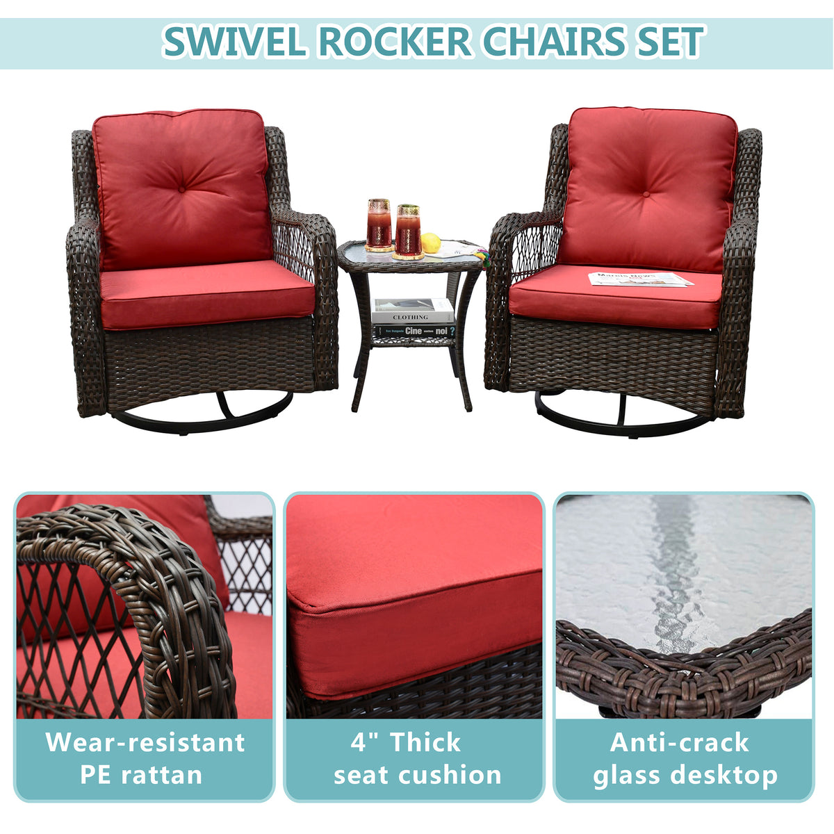 Outdoor Bistro Set 3 Pieces;  Outdoor Resin Wicker Swivel Rocker Patio Chair;  360-Degree Swivel Rocking Chairs and Tempered Glass Top Side Coffee Table;  Outdoor Rattan Conversation Sets