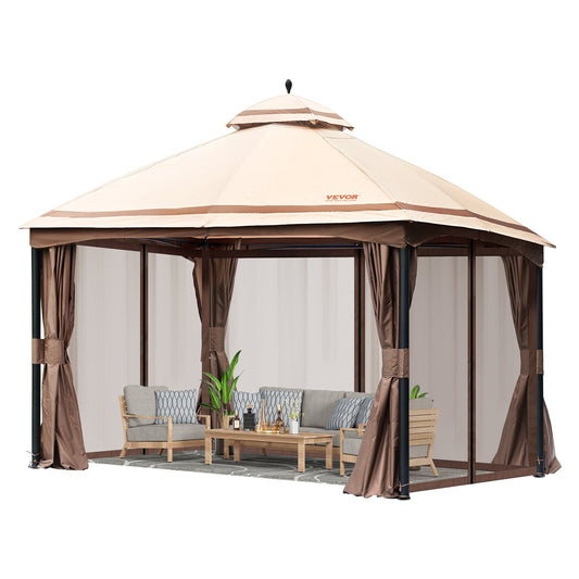 VEVOR Patio Gazebo for 10-12 Person, 10 x 13 FT Backyard Gazebo, with Mosquito Netting, Metal Frame, and PU Coated 180G Polyester, Outdoor Canopy Shelter for Patio, Backyard, Lawn, Garden, Deck