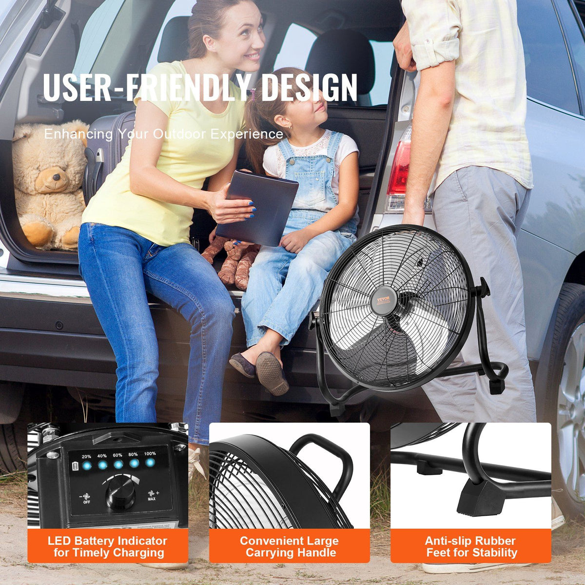 VEVOR Cordless Fan 16 in, Portable Quiet Personal Fan for Home or Office, 360 Degree Manual Pivoting Head, Stepless Speed Regulation High Velocity Cordless Fan, Heavy Duty Metal Industrial Floor Fans