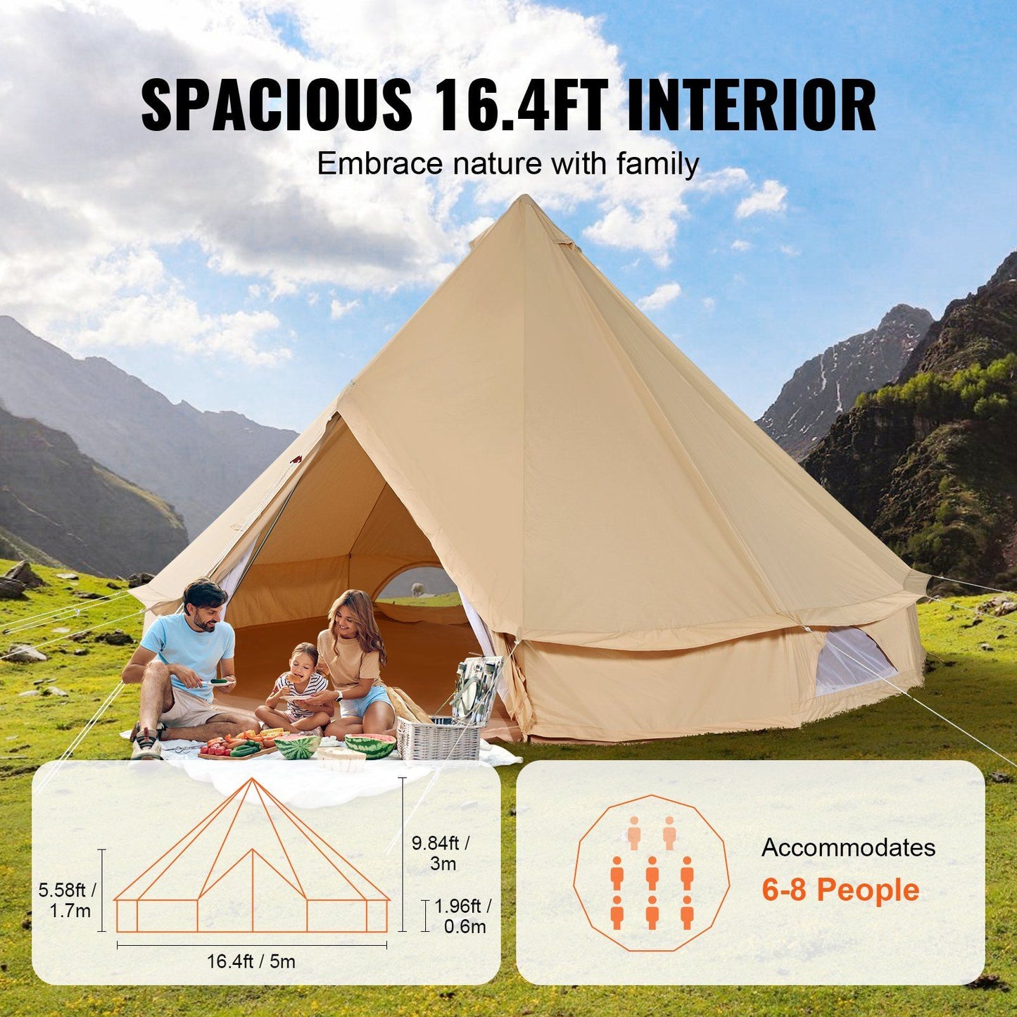 VEVOR 8-10 Person Canvas Glamping Bell Tent, Breathable Waterproof Yurt Tent with Stove Jack and Detachable Side Wall for Family Camping,16'x16'x118 "(Diameter 5M)