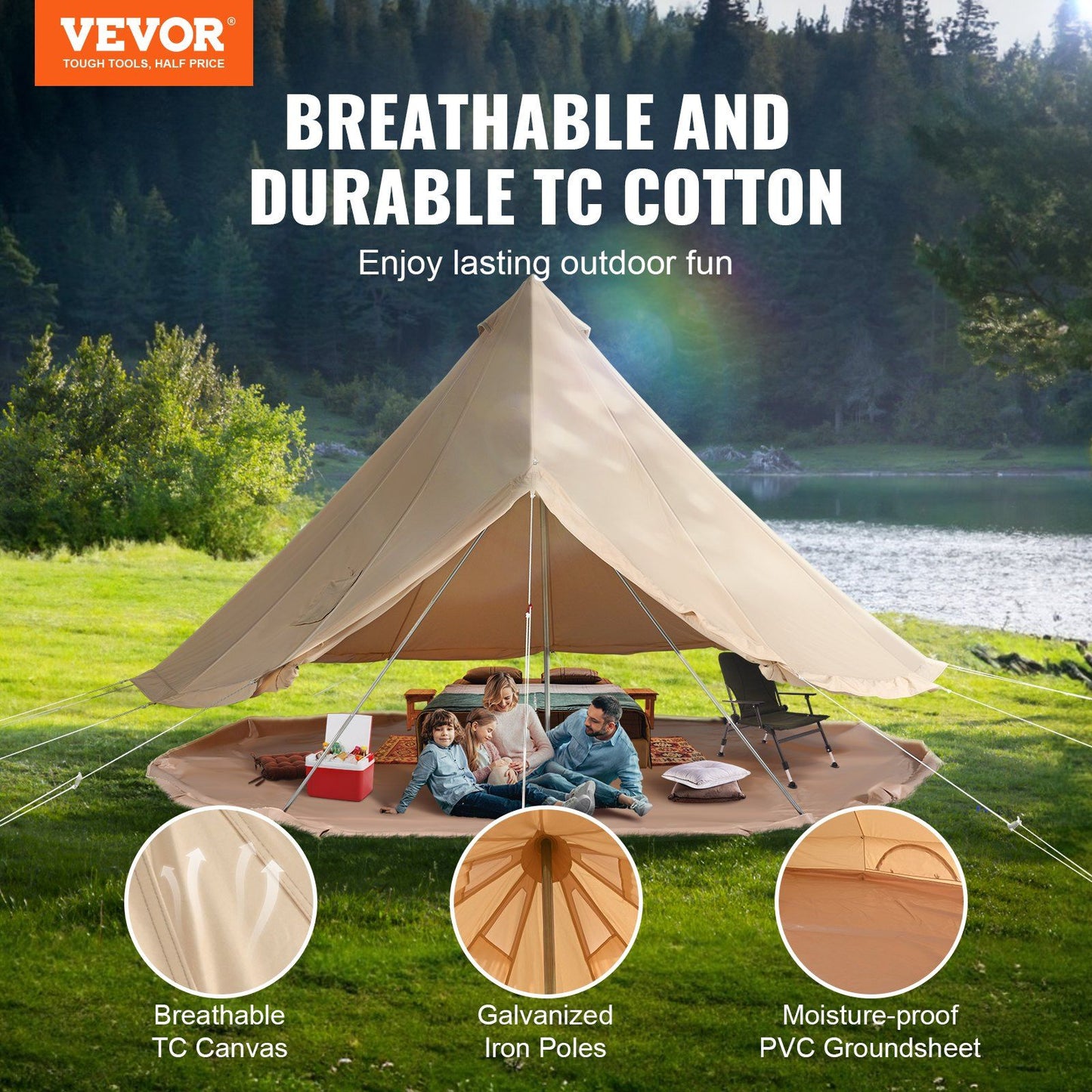 VEVOR 8-10 Person Canvas Glamping Bell Tent, Breathable Waterproof Yurt Tent with Stove Jack and Detachable Side Wall for Family Camping,16'x16'x118 "(Diameter 5M)